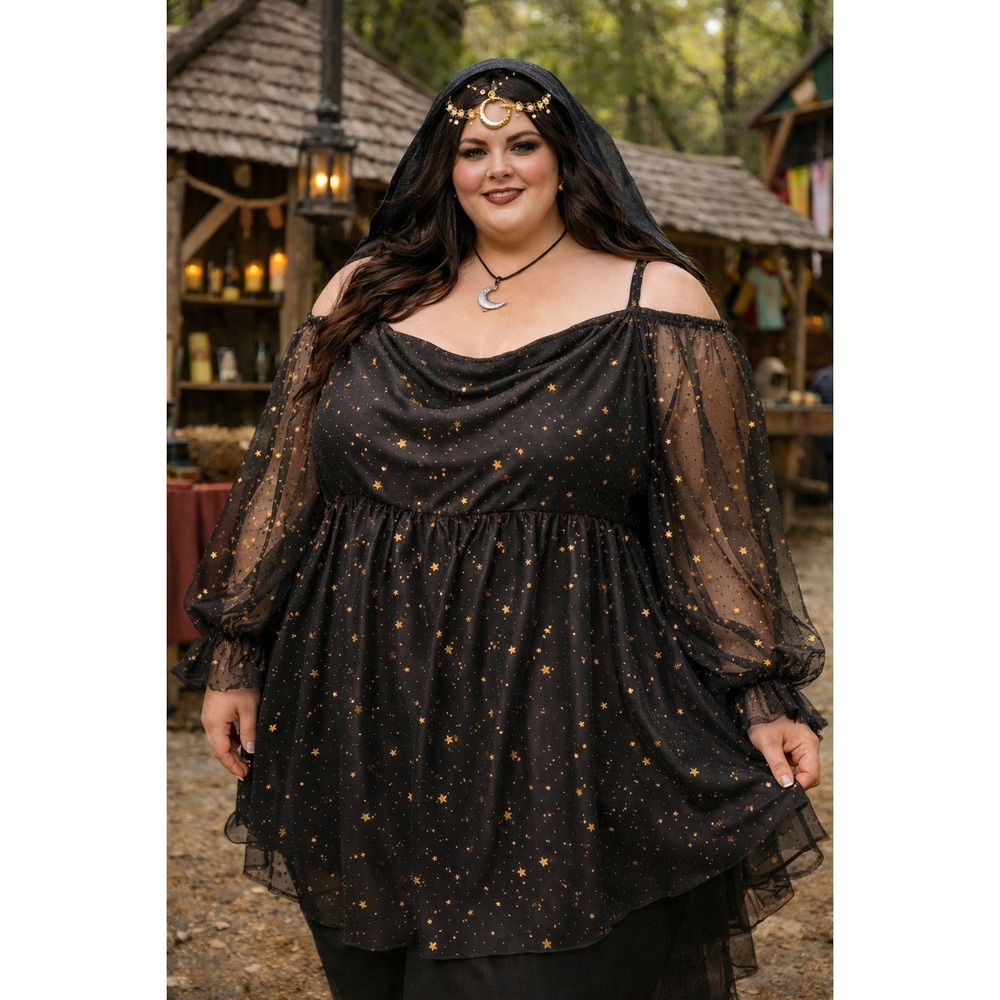 SHEIN FIT+ Black Mesh Star Moon Celestial‎ Puff Sleeve Babydoll Top 5X Witchy
